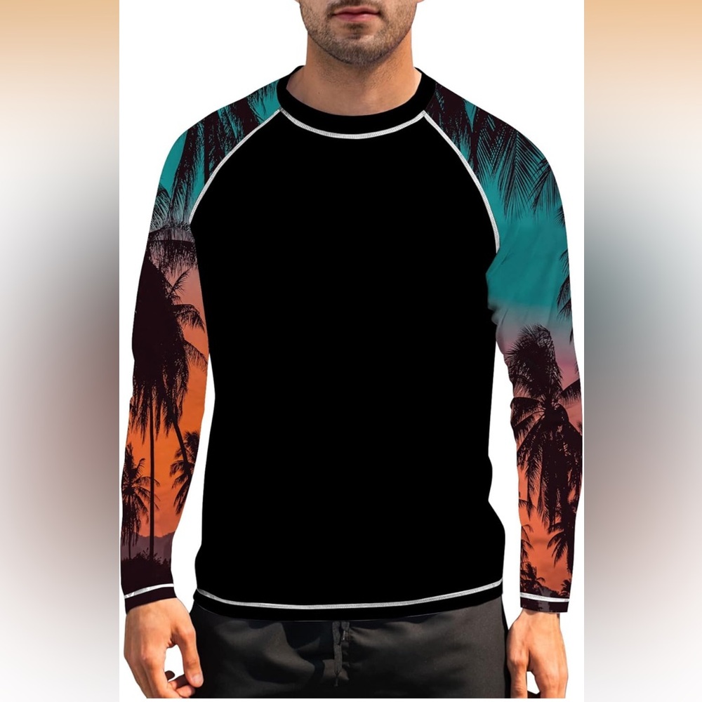 Men's Black and Multicolor Rash Guard/Swim Shirt. Size Large